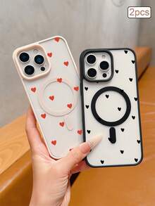 2pcs Heart Magnetic Matte TPU Shockproof Full Coverage Protective Phone Case Compatible With Apple 11/12/13/14/15/16/17 Pro Max - Clear - View 3