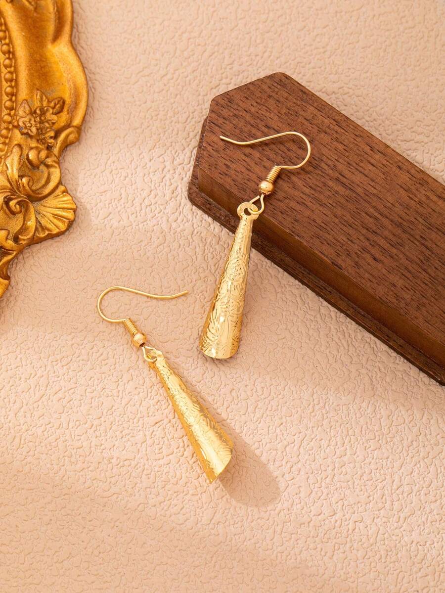 1 Pair Niche High-End Embossed Conical Bell Earrings, Elegant Vintage Trumpet-Shaped Ear Jewelry, Versatile Daily Commute And Vacation Accessories For Women - Yellow Gold - View 1