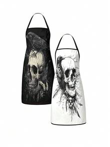 2/4PCS Dark Art Halloween Skull Crow Apron Set, Tattoo Style Skeleton Raven Feather Ornate Pattern Kitchen Apron, Waterproof Oilproof Cooking Bib For Baking Grilling, Gothic Spooky Home Decor Halloween Party Gift For Women Men - Multicolor - View 9