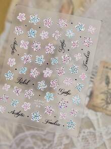 1Sheet Shiny Rhinestone Gradient Floral Nail Stickers, 3D Jelly Translucent Polka Dot Tiny Flower Elegant Cursive Script Self-Adhesive Nail Sliders - Multicolor - View 7