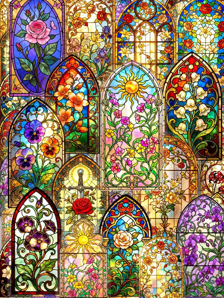 50Pcs PET Vintage Church Stained Glass PET Decor Stickers, Watercolor Illustrations Of Gothic Arch Floral Window With Roses, Peonies And Tulips, For Journal, Water Bottle, Luggage, Picnic DIY Decor - 7*6*1 - View 1