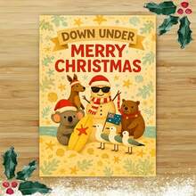 1 Greeting Card + 1 Envelope Cheerful Australian Christmas Greeting Card, Beach Animals With Surfboard "Down Under Merry Christmas", For Friends, Summer Holiday Vintage Style Festive Card. - View 8