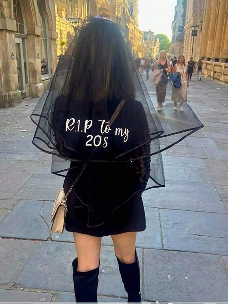 Personalized Veil,Personalized RIP 20/30/40/50 Years Old Black Veil, Farewell To My 20s/30s/40s/50s,Alternative Gothic Style,Gothic Funeral,For Weddings,Parties,Dark Party Decoration,Photo Props,Halloween,Bachelorette Party,Gift For Birthday - Multicolor - View 1