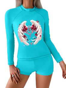 Women Funny Tight Fitting Sports Beach Surfing Long Sleeve Rash Guard Swimsuit 2 Piece Set Cute Swimwear With Boyshorts Sun Protection, Diving - Mint Blue - View 2