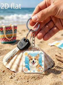 Llavero cuadrado personalizado con foto de mascota, adorno conmemorativo de mascota con patrón de concha de playa, regalo único para dueños de perros y gatos - Multicolor - Ver 3
