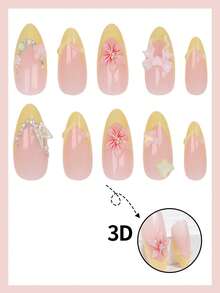 24pcs Medium Almond Pointed Press On Nails 3d Nails,French Manicure Nail Stickers,French Tip Nails, High Gloss Full Coverage, Suitable For Women And Girls Daily Wear, Create Elegant Nail Art Nails Nail Supplies - Multicolor - View 3