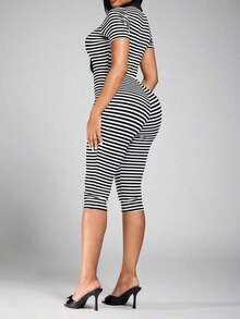 DOUCIU Stripes Block Color Short Sleeve V-Neck Capri Jumpsuit Slim-Fit Sexy Night Club Style - Black - View 2
