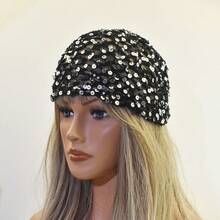 1pc New Adult Hollow Out Sequin Handmade Hat, Solid Color Cotton Yarn Hair Cap, Fashionable Fishnet Headwear For Styling - Multicolor - View 9