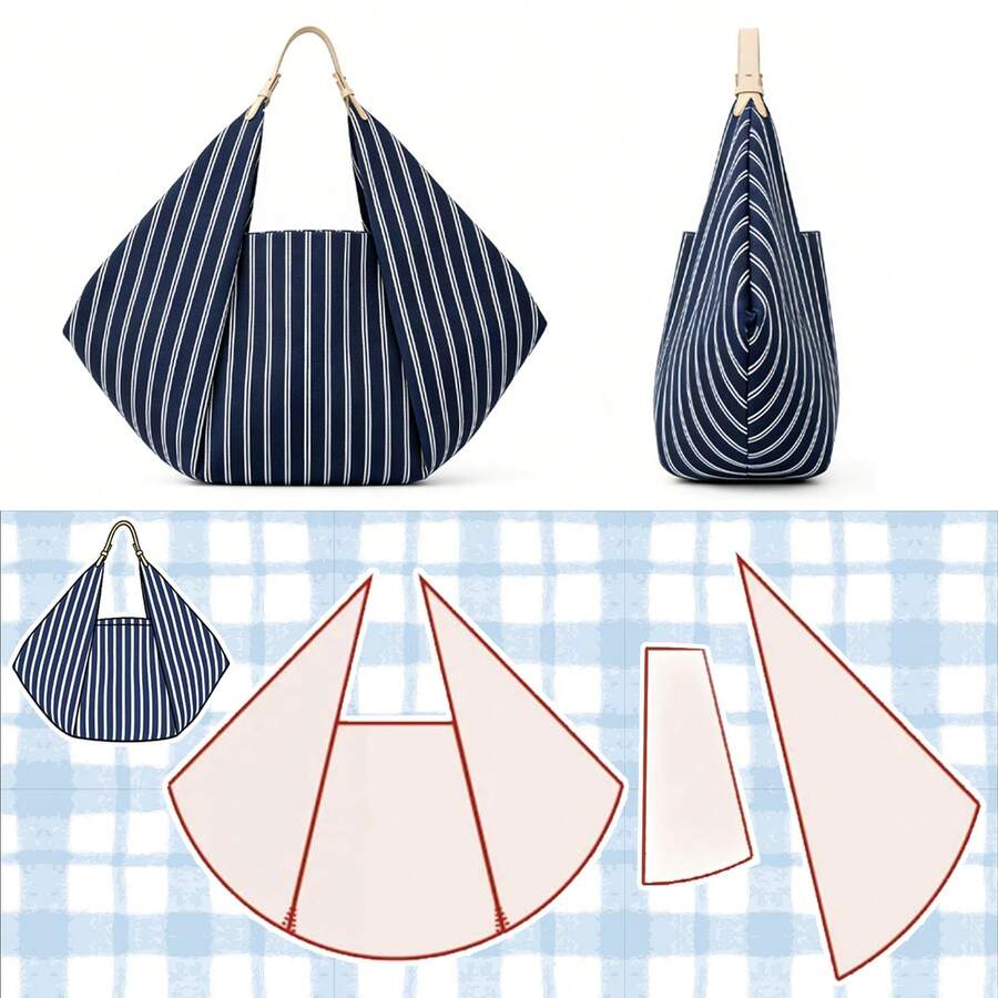 Japanese Style Striped Triangle Handbag Cutting Pattern, Kraft Paper Cutting Template, Includes Detailed Step-By-Step Sewing Instructions, DIY Large Capacity Commuter Bag Hand-Drawn Pattern, Practical Gift For Craft Enthusiasts - Multicolor - View 1