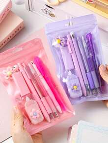 2 Sets 8-In-1 Writing Tools Collection - Fresh Supplies Package Featuring A Highlighter, Charm, Eraser, 2 Clickable Pens, Back To School, First Day Of School - Multicolor - View 10
