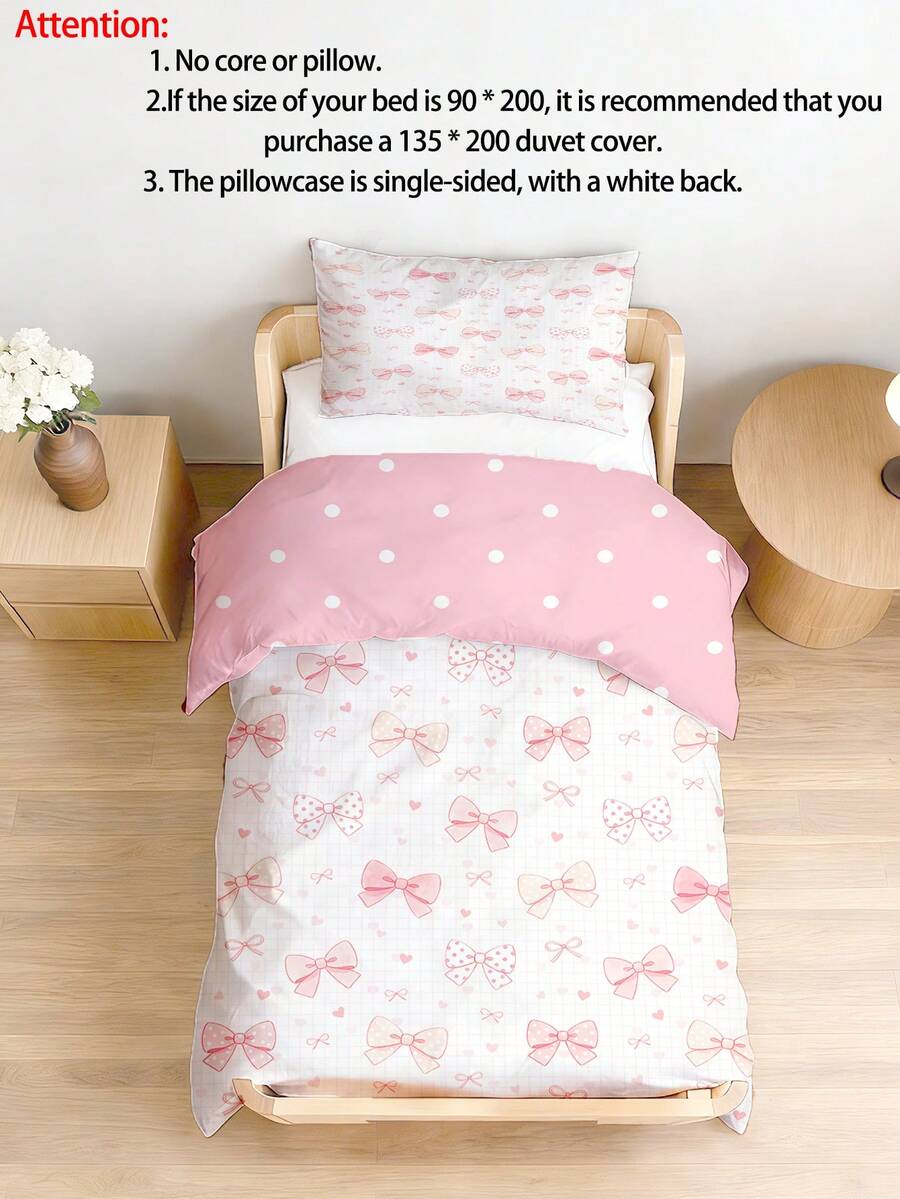 1 Set Of Pink Bow Heart Grid Polka Dot Print Polyester Soft Breathable Sweet Coquette Style Duvet Cover With 1 Pillowcase For Crib Nursery All Season - Multicolor - View 1