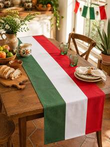 1pc Mexico Italy Flag Linen Table Runner, Green White Red Rectangular Table Runner With National Stripe Print, Rustic Dining Table Decor For Kitchen, Carnival Party, Italian Theme Celebration, Mexican Independence Day, Wedding And Home Decor - Multicolor - View 2