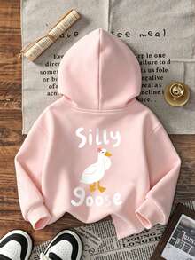 Tween Girls Pullover Hoodie, Silly Goose Cute Duck Back Graphic Print, Fall Winter Casual Daily Tops - Pink - View 3