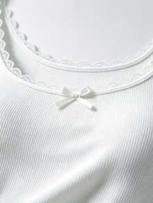1pc Comfortable Lace Trim Bow Front Ribbed Tank Top, Sweet U-Neck Sleeveless Cropped Top, Y2K All-Season Basic Sleeveless Top - White - View 5