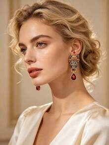 1 Pair Luxury Leopard Head Crown Stud Earrings With Red Teardrop Rhinestones, Vintage Distressed Gold Texture Women's Party Earrings Daily Accessories - Multicolor - View 8