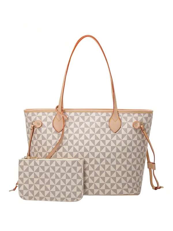 Women's Tote Bag With Small Pouch Set, Large Capacity Vintage Brown Letter Print Shoulder Bag, PU Leather Casual Commute Travel Work Bag