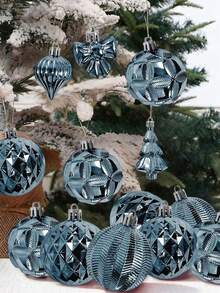 18pcs Deep Blue Metallic Christmas Ball Ornament Set, Shatterproof Christmas Hanging Balls With Candy, Mini Tree, Bow Shapes, Gold Star Tree Topper, Suitable For Christmas Tree, Holiday Party, Home Window, New Year Wedding Decoration - Dark Blue - View 6
