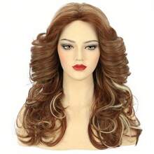 1pcs 70s Light Gold Split Long Wig With Big Waves, Fluffy Outward Long Curly Hair Design, Women's Photo Party Atmosphere, Full Top Hair Set - Gold - View 5
