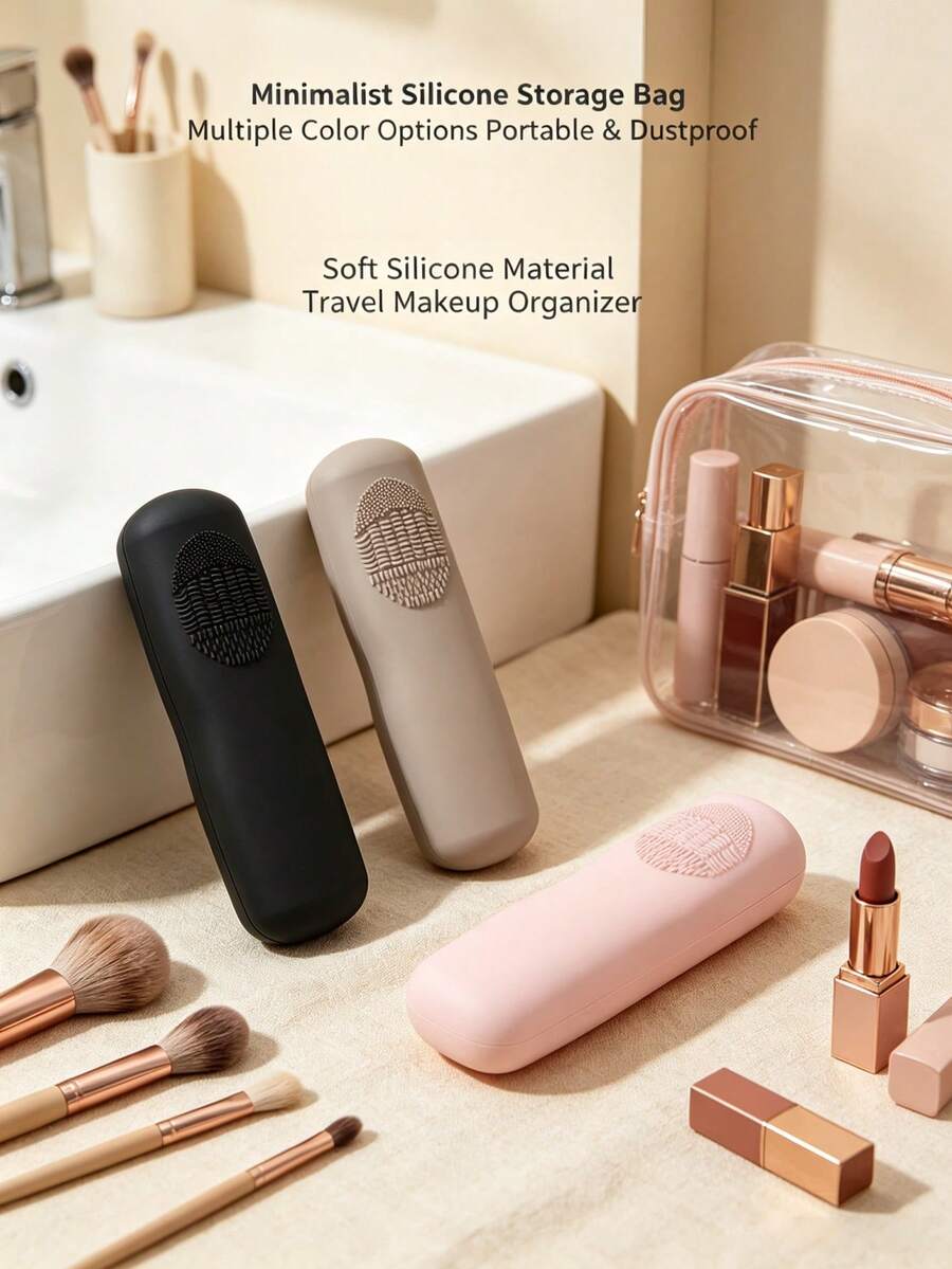 1pc Luxury Silicone Makeup Brush Storage Box Set, Beige/Pink Full Color Series, Durable Silicone Material, Built-In Brush Cleaning Texture, All-In-One Travel Storage & Cleaning Set, Perfect Makeup Gift Set - Multicolor - View 1