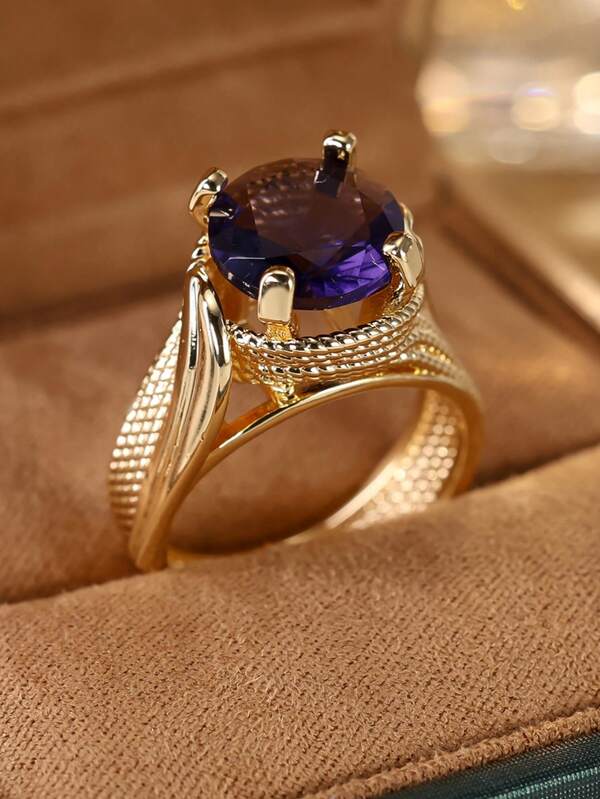 1pc Elegant Big Oval Purple Zirconia Statement Ring, Gold Hollow Mesh Split Band Ring, Ideal Birthday Anniversary Cocktail Jewelry Gift