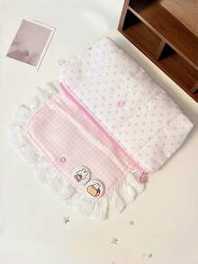 Cute Lace Pencil Case, Korean Style Pink Plaid Polka Dot Pencil Bag With Bow And Heart Decoration, Aesthetic Back To School Stati, First Day Of School - Multicolor - View 7