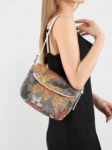 Vacation Style Premium Texture Flip Shoulder Bag, Embroidered Sequin Flower Decoration Design, Elegant And Exquisite Fashion Style Women's Armpit Bag - Multicolor - View 3