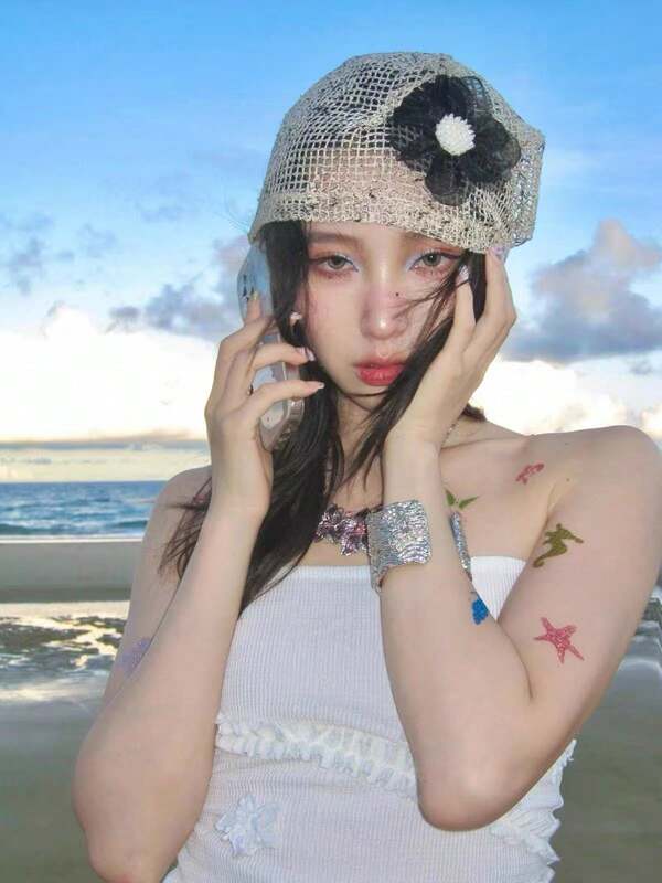 1件女款網紗鏤空珍珠花珠飾髮圈帽，夏季透氣頭巾帽，適合日常穿著、購物、冷天，優雅且精緻