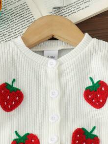 2pcs Baby Girl Preppy Strawberry 3D Embroidered Long Sleeve Knit Cardigan & Denim Mini Skirt Set, Thin For Spring/Autumn - White - View 6
