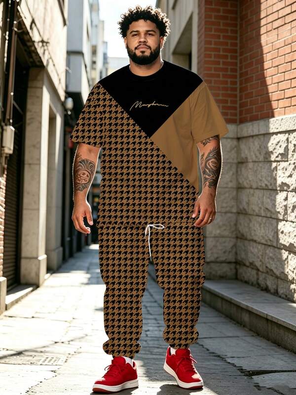 Men's Street Casual Minimalist Series "Art Block & Nature Letter" Pattern Sports Set - Polyester Knit Fabric, Round Neck Design, Drawstring Cuffed Pants, Pocket Details, Regular Fit, Suitable For Plus Size