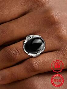 1pc S925 Sterling Silver Carved Synthetic Black Gemstone Ring, Perfect For Daily Wear And Anniversary Gift, Comes With Gift Box - Silver - View 4