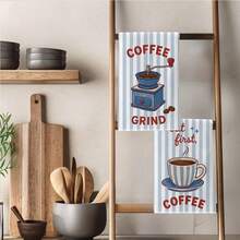 2PCS Blue Striped Coffee Healing Theme Printed Kitchen Towels, 40*60cm Rectangular Microfiber Dish Cloths, Tablecloths, Hand Towels, Kitchen Decor, Home Decor, Housewarming Gift For Neighbors, Perfect For Kitchen And Bathroom Use, Suitable For Housewives And Family Gatherings, High Cost-Performance, Home Essential - Royal Blue - View 9