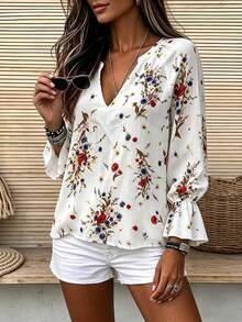 Women's Elegant Floral V-Neck Ruffle Trim Long Sleeve Blouse, Suitable For Tea Party, Travel, And Vacation Wear, Spring/Summer White - White - View 4