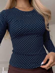 SCARLUX Autumn Y2K Deep Blue Polka Dot Crew Neck Short Long Sleeve T-Shirt, Slim Fit Casual Top, Suitable For Back To School Season - Navy Blue - View 3