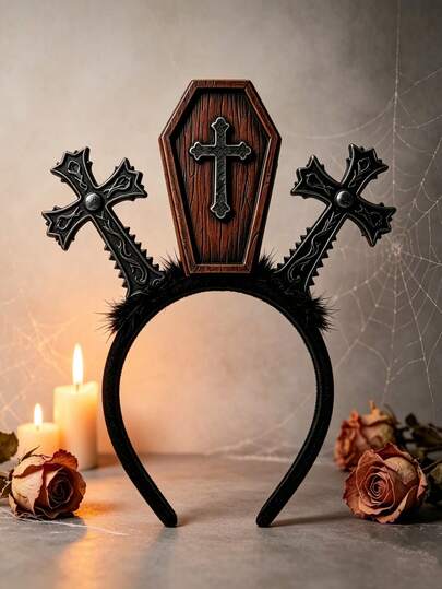 1pc Gothic Coffin Cross Headband, Halloween Party Costume Role Play Hair Accessory
