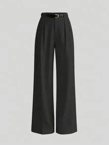 Mid-Waist Solid Color Elegant Straight Leg Pants, Black, Spring Style (Belt Not Included) - Black - View 3