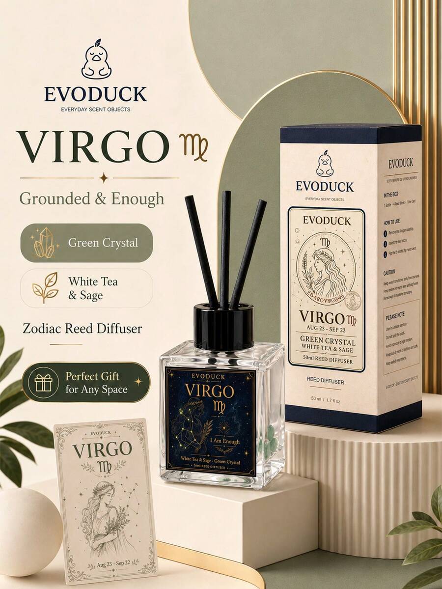 EVODUCK Virgo Zodiac Reed Diffuser 50ml, White Tea & Sage Scented Oil Diffuser With Green Crystal & 4 Fiber Reeds, Flameless Home Fragrance For Bedroom Bathroom Office, Astrology Birthday Gift For Women, Star Sign Room Decor - Flameless Series - View 1