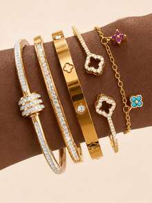 18K Gold Plated Women's High-End Lucky Stackable Bracelet With Colorful Lucky Bracelet, 304 Stainless Steel Waterproof Hypoallergenic, Gift For Girlfriend, Best Friend, Mom, Wife, Daily Versatile Commute Women's Jewelry Set - Gold - View 3
