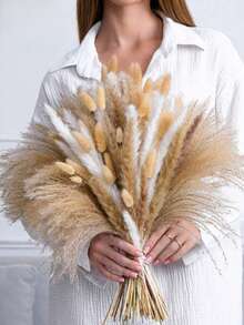 Brown Artificial Pampas & Bunny Tail Grass Reed Bouquet, Boho Farmhouse Floral Decor For Wedding Home All Season Party - Brown White 1 - View 1