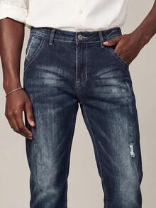 Men's Dark Wash Distressed Slim Fit Tapered Leg Jeans, Skinny Ankle Jeans - Blue Black - View 4