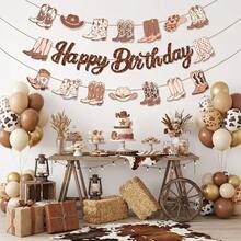 3pcs Brown Western Cowboy Theme Birthday Banner, Paper Glitter Cowboy Boots & Hat Hanging Decoration, Includes Cowboy Boots And Bows, Suitable For Cowboy Theme Birthday Party, Wedding, Holiday Decor, Gender Reveal Party, Party Decoration Supplies - Birthday - View 1