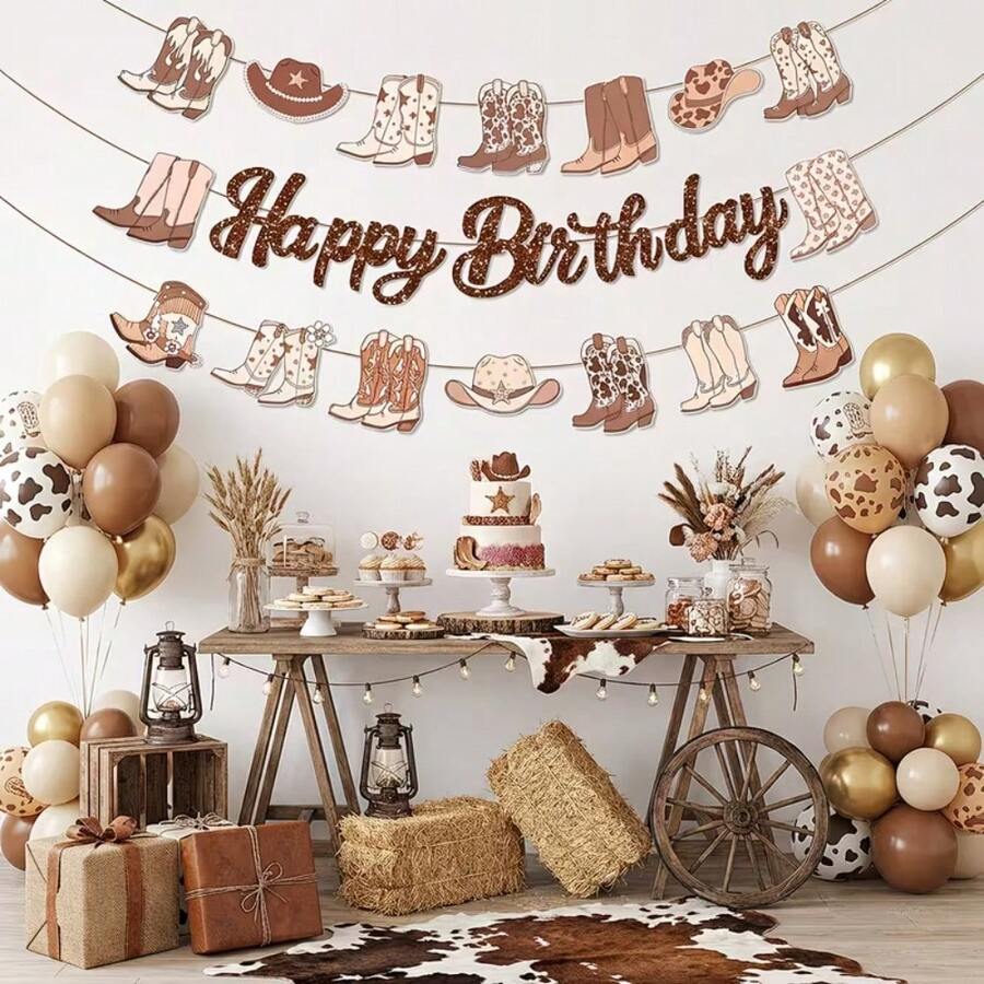 3pcs Brown Western Cowboy Theme Birthday Banner, Paper Glitter Cowboy Boots & Hat Hanging Decoration, Includes Cowboy Boots And Bows, Suitable For Cowboy Theme Birthday Party, Wedding, Holiday Decor, Gender Reveal Party, Party Decoration Supplies - Birthday - View 1