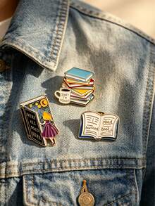 1/3pcs Women's Brooch, Creative Book-Shaped Metal Brooch Set, Bookworm Series Enamel Brooch 3 Pieces Set, Personalized Ins Style Book Decoration, Fun Text Coffee Cup Badge, Teacher Accessory, Best Friend Gift, Student Versatile Pin, Personalized Backpack Accessory - Multicolor - View 3