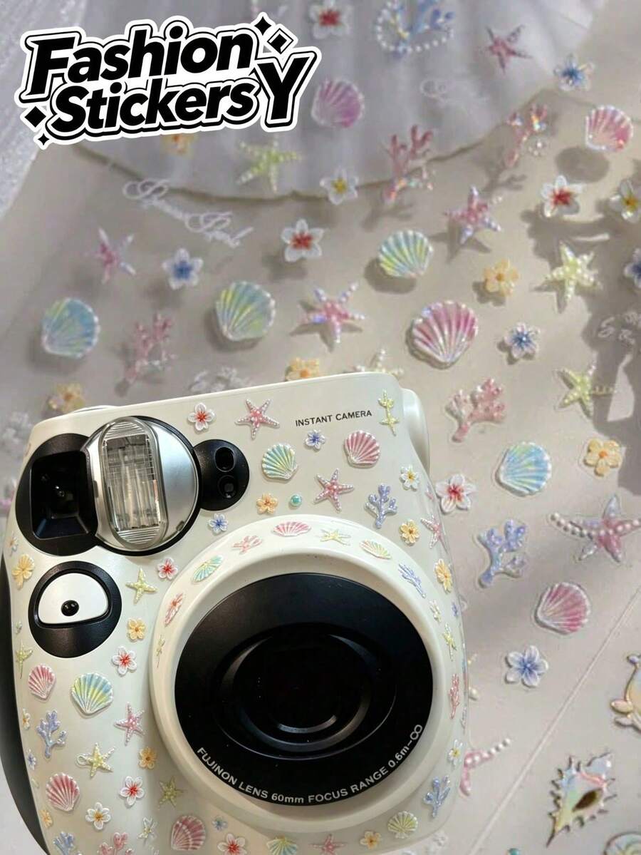 1pc Holographic Laser Ocean Shell & Starfish Stickers, Colorful Coral & Flower Self-Adhesive Decals For Instant Camera, Tumbler, Phone Case And Other Digital Product Shell Decoration Accessories - 1pc X-153 - View 1