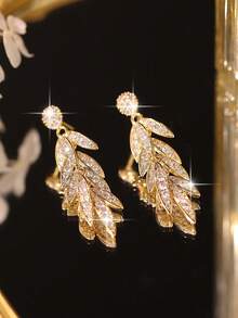 1pair Luxury Marquise Cubic Zirconia Tassel Drop Earrings, Gold Plated Leaf Shiny CZ Dangle Earrings, Bridal Wedding Party Statement Evening Jewelry - Yellow Gold - View 8