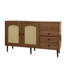 Rustic Style Sideboard With Wicker Doors – 130 X 40 X 75.5cm – Adjustable Shelves – Magnetic Closure - 棕色 - 查看 3