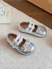 Girls' Flat Mary Jane Shoes With Lace Ties, Daisy And Pearl Flower Decor, Suitable For Daily Wear - Silver - View 5