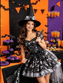 Juego de 3 piezas de disfraz de bruja de calabaza plateada de Halloween, incluye falda de malla estampada + escoba de bruja + sombrero puntiagudo, conjunto de vestido de pequeña bruja, adecuado para eventos de Halloween, fiestas temáticas, bailes de disfraces, actuaciones en el escenario, juegos de rol y disfraces - multicolor - Ver 10