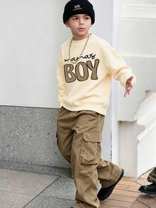 2pcs/Set Boys Outfit, Crew Neck Letter Print Sweatshirt Paired With Casual Cargo Pants, Cool & Comfortable Autumn/Winter New Boys Set - Apricot - View 1