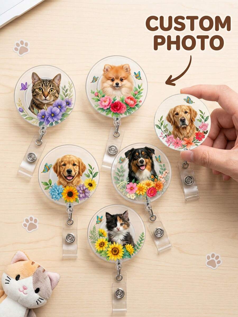 Custom Pet Photo Badge Reel Clip, Floral Acrylic ID Clip, Personalized Animal Portrait Name Tag For Nurse Teacher Office Daily Work Gift - Multicolor - View 1