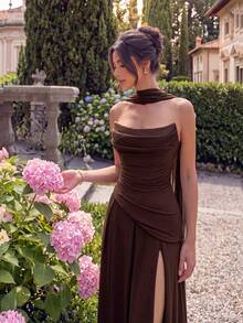 ADYCE Elegant Halter Tie Ribbon Sweetheart Neckline High Waist Pleated High Split Open Back Floor-Length Party Dress For Prom Birthday Party Evening - 咖啡棕 - 查看 6